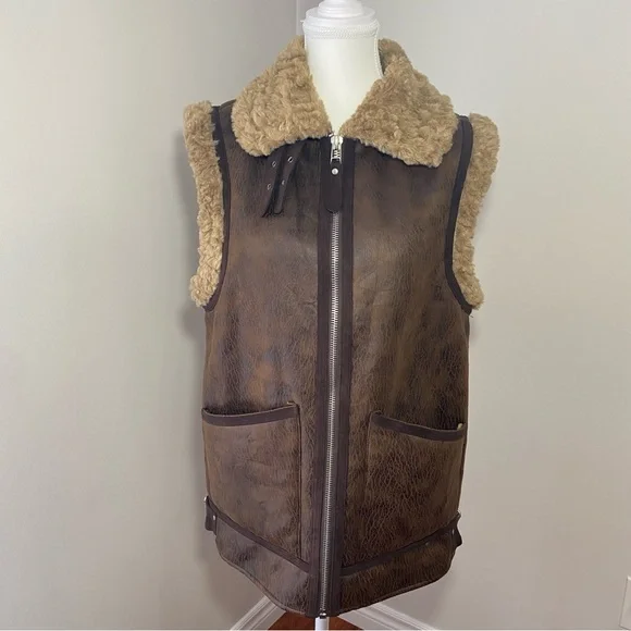 7 For All Mankind Brown Faux Leather Vest with Shearling Trim XS - Picture 6 of 14